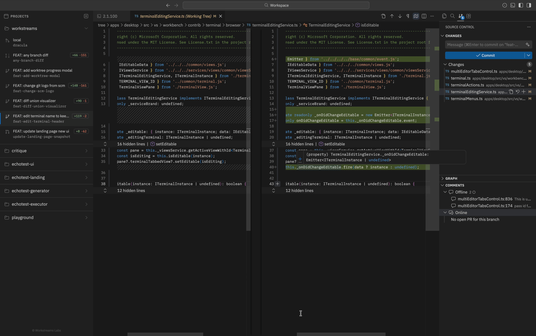 Workstream IDE — worktree sidebar, agent session, and workspace explorer