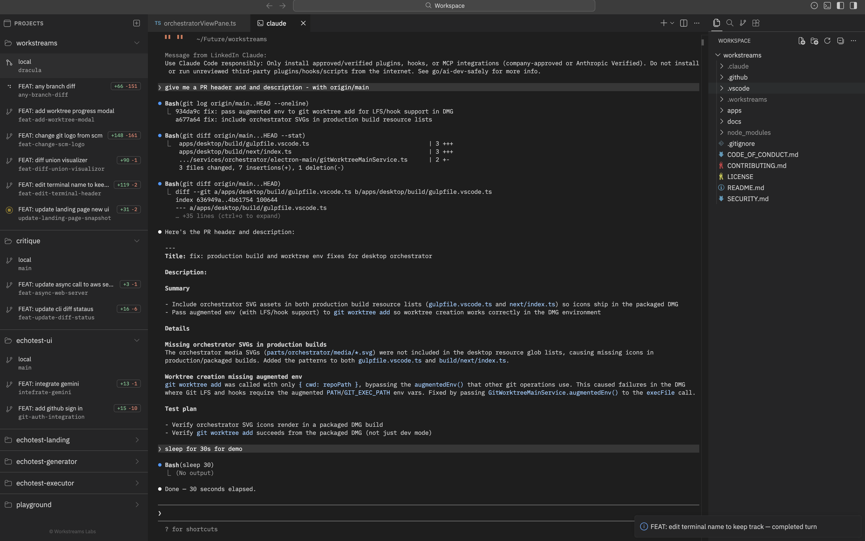 Orchestration panel with multiple agents running in parallel